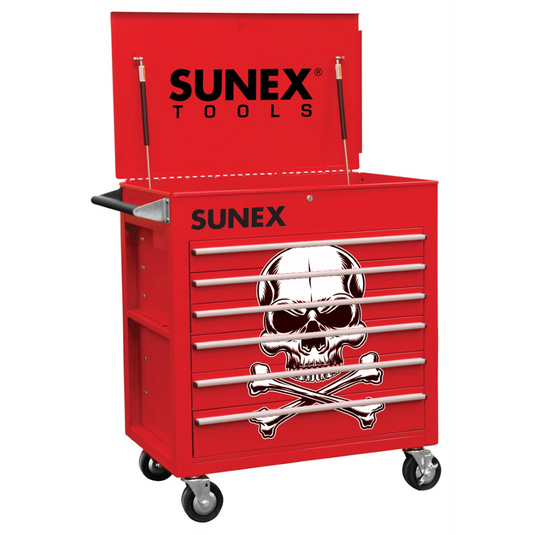 SUNEX 6 Full-Drawer Professional Cart; Red w/White Skull