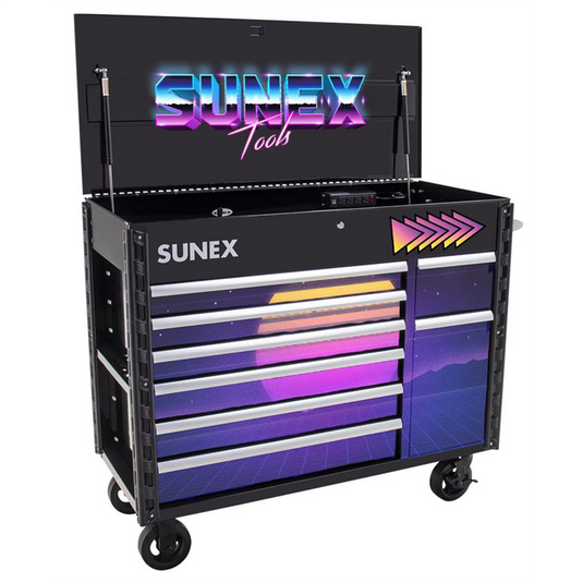 SUNEX 50"" 7 Drawer Power Cart w /Dedicated power tool storage and Power - 80s Retro