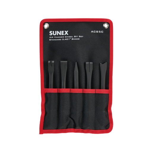 SUNEX Air Hammer Chisel 7 Inch Cutting 5 Piece Set in Portable Tool Roll