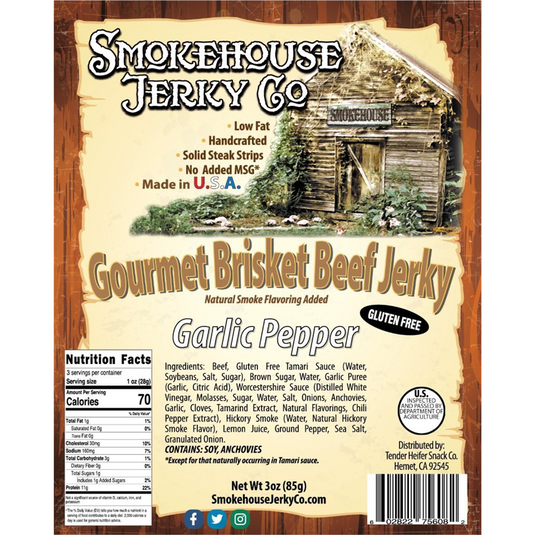 Tender Heifer Snack Co. Garlic Pepper Brisket Beef Jerky - GLUTEN FREE - 3 oz