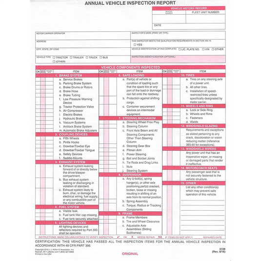 Tire Mechanic's Resource Annual Vehicle Inspection Report