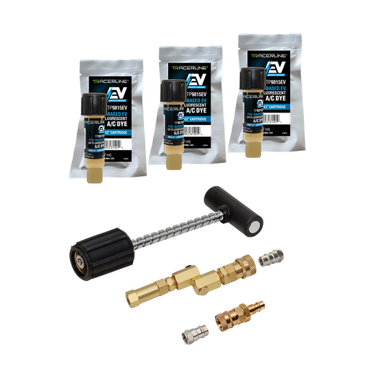 Tracer Mini-EZ&trade; POE-Based EV A/C dye injection kit with TP9815EV-P3 dye cartridges (compatible with R-134a and R-1234yf EV systems); solid-brass swivel-type R-134a coupler with check valve and purge fitting; R-1234yf adapter