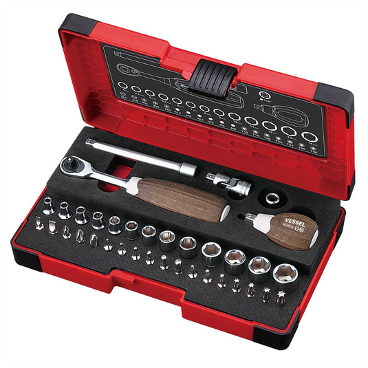 Vessel Tools WOOD-COMPO Socket Wrench Set No.HRW2001M-W 1/4"" SQ Drive 36PC. Set