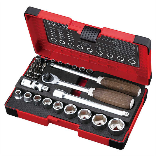 Vessel Tools WOOD-COMPO Socket Wrench Set No.HRW2303M-W 1/4"" & 3/8"" SQ Drive 36PC. Set