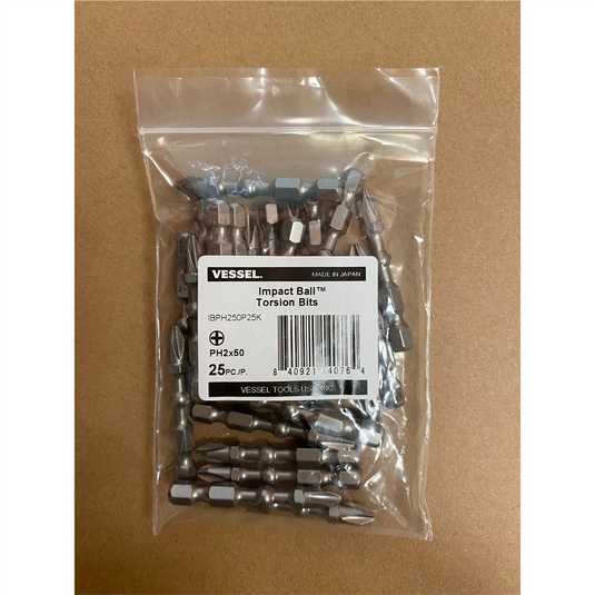 Vessel Tools Impact Ball Torsion Bits PH2X50 25PC (Bulk)