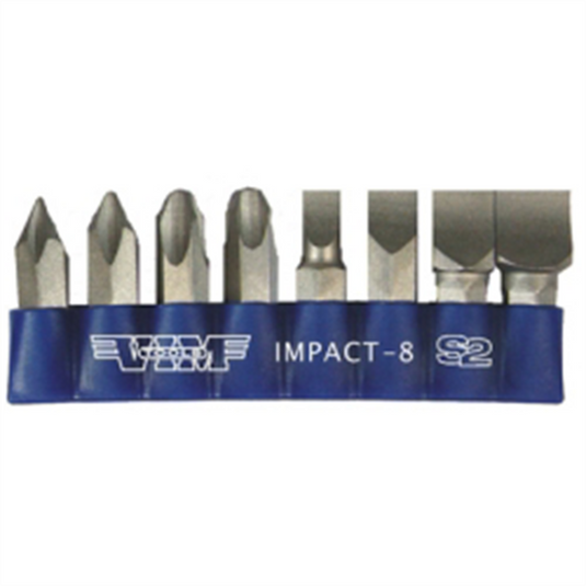 VIM Tools Impact Quality S2 Bit Set; 8 Piece Bits 5/16 Inch Hex Bodies; 1.25L; P1-P4 Phillips & Flat Tip
