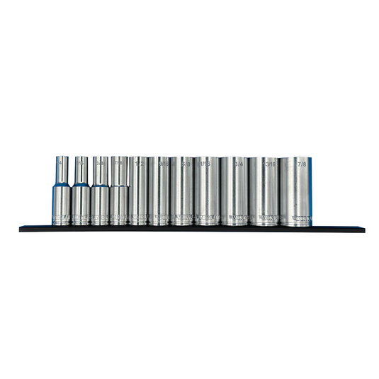 VIM Tools 12 Piece 3/8 Inch Drive Deep Metric Socket Set with 12 Inch Blue Magrail - SMS600 Subset