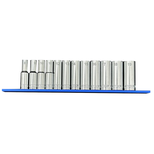 VIM Tools 12 Piece 3/8 Inch Drive Deep Metric Socket Set with 12 Inch Blue Magrail - SMS600 Subset
