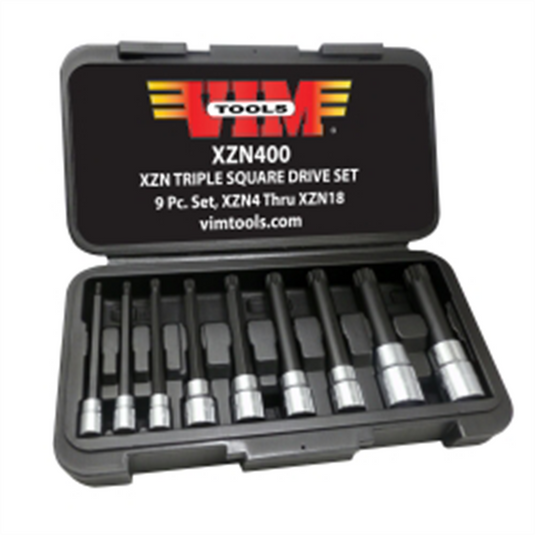 VIM Tools XZN Triple Square Long Bit Set 9 Piece Set; XZN4 Thru XZN18 Drivers; Black S2 Drive Bits with Ni-Cr Bit Holders 4 Inch Long; Packaged In A Blow Mold Box with Window. VIM Brand with Color Sleave