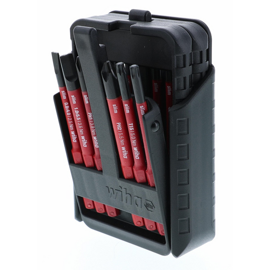 Wiha Tools SlimLine Blade belt set holds 12 Slimline Blades securely and allows easy access to the tips you need.The Set includes Slotted 4.0mm and 5.5mm; Phillips #1 and #2; Square #1 and #2; Torx&reg; T15; T20; and T25; Hex 2.5; 3.0; and 4.0mm