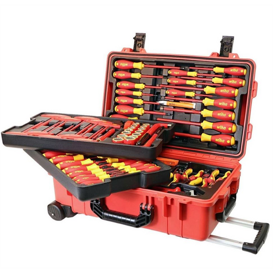 Wiha Tools Insul. 80 Piece Tool Set w/ Screwdrivers; Nut Drivers; Pliers; Cutters; Ruler; Knife; Sockets in 22"" L x 13 3/4"" W x 9"" H Rolling Tool Case