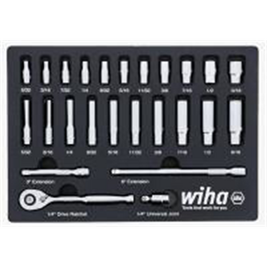 Wiha Set Includes - 11 Standard Sockets 5/32&rdquo; - 9/16&rdquo; | 10 Deep Sockets 5/32&rdquo; - 9/16&rdquo; | 1/4&rdquo; Drive Ratchet 72 Tooth | 1/4&rdquo; Drive Extension Bars 3&rdquo;; 6&rdquo; | 1/4&rdquo; Drive Universal Joint
