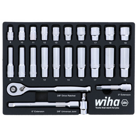 Wiha Tools Set Includes - 10 Standard Sockets 8 - 19mm | 10 Deep Sockets 8 - 19mm | 3/8&rdquo; Drive Ratchet 72 Tooth | 3/8&rdquo; Drive Extension Bars 3&rdquo;; 6&rdquo; | 3/8&rdquo; Drive Universal Joint
