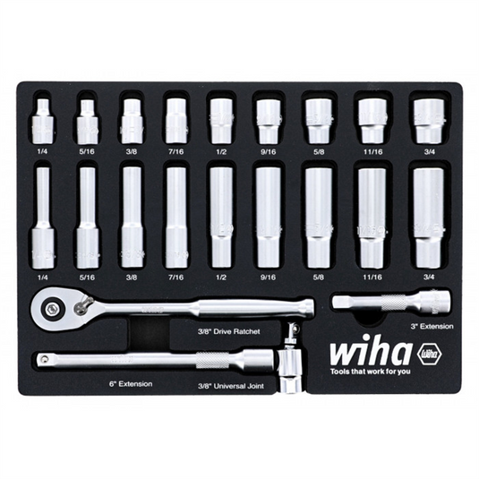 Wiha Tools Set Includes - 9 Standard Sockets 1/4&rdquo; - 3/4&rdquo; | 9 Deep Sockets 1/4&rdquo; - 3/4&rdquo; | 3/8&rdquo; Dr. Ratchet 72 Tooth | 3/8&rdquo; Dr. Extension Bars 3&rdquo;; 6&rdquo; | 3/8&rdquo; Dr. Universal Joint