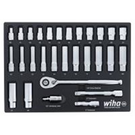 Wiha Set Includes 12 Standard Sockets 10 - 21mm | 13 Deep Sockets 10 - 22mm | 1/2&rdquo; Dr. Ratchet 72 Tooth | 1/2&rdquo; Dr. Extension Bars 3&rdquo;; 6&rdquo; | 1/2&rdquo; Dr. Universal Joint