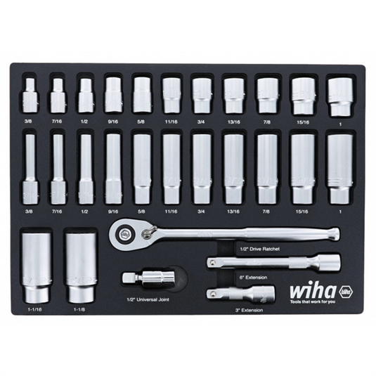 Set Includes - 11 Standard Sockets 3/8&rdquo; - 1&rdquo; | 13 Deep Sockets 3/8&rdquo; - 1-1/8&rdquo; | 1/2&rdquo; Dr. Ratchet 72 Tooth | 1/2&rdquo; Dr. Extension Bars 3&rdquo;; 6&rdquo; | 1/2&rdquo; Dr. Universal Joint
