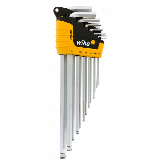 Wiha Tools MagicRing&reg; Screw Holding Ball End Hex L-Key; Chrome-V-Moly Super Tool Steel Hard Chrome Finish; Long Arm 13 Piece Inch Set In ErgoStar Auto Holder .050"" - 3/8