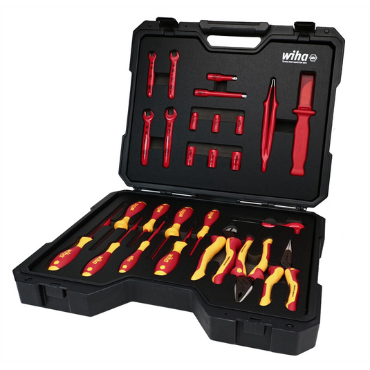 Wiha Tools Insulated 26 Piece Tool Set with Sockets; Ratchets; Extension Bars; Wrenches; Pliers; Cutters; Screwdrivers; Cable Stripping Knife; and Tweezers in 18.11"" L x 14.56"" W x 4.33"" H Tool Case.