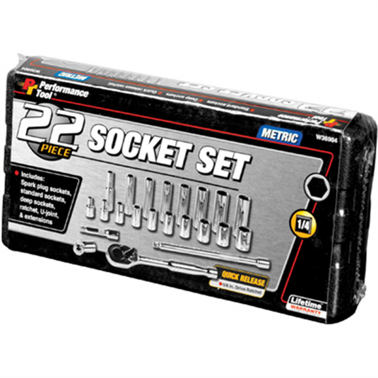 Wilmar Corp. / Performance Tool 22PC.METRIC 1/4"" DR.SOCKET SET W/PRO STYLE RATCHET
