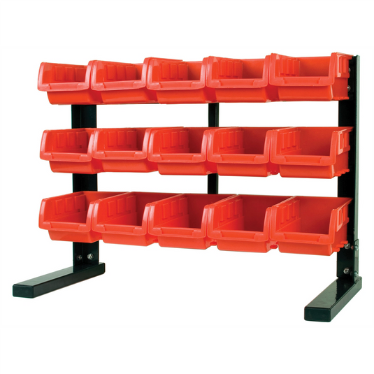 Wilmar Corp. / Performance Tool Table Top Storage Rack with 15 Red Plastic Bins; S