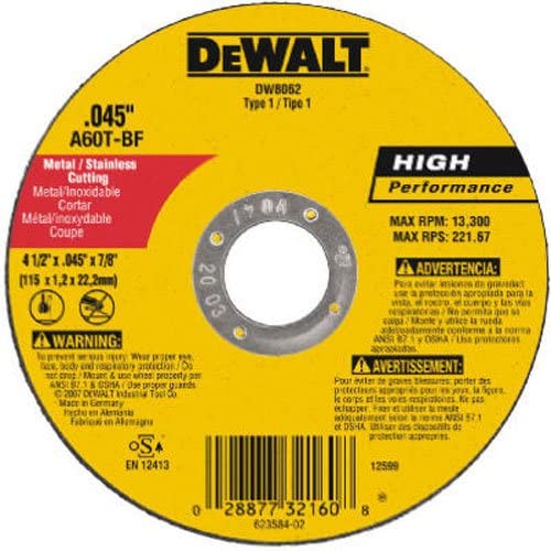 DeWalt DW8062 4-1/2-Inch Diameter by .045-Inch Thick Metal Cutting Abrasive Wheel with 7/8-Inch Arbor